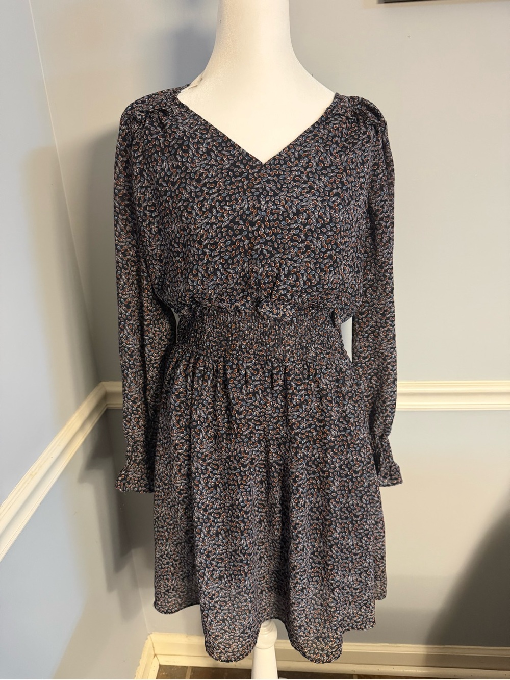 Pinch Navy Blue Floral Smocked Waist V-Neck Long Sleeve Dress